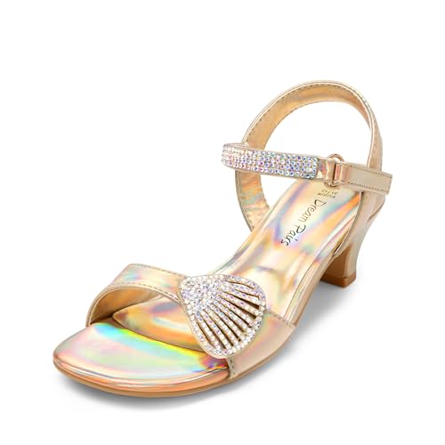 DREAM PAIRS Girls Sandals Ankle Strap Square Toe Low Heel Crystal Shell Wedding Party Flower Dress Shoes for Little Kids/Big Kids 2 Little Kid Gold