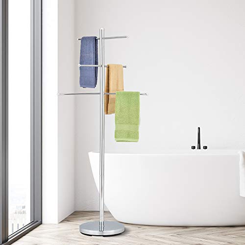 MyGift 6-Rung Chrome-Plated Metal Indoor Standing Bathroom Hand Towel Rack/Freestanding Laundry Storage Clothes Drying Stand/Blanket Hanging Tree