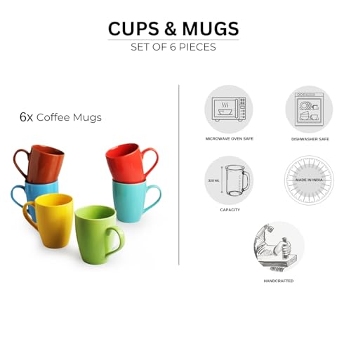 Image of ExclusiveLane 'Rainbow' Ceramic Tea & Coffee Mugs (Set of 6, 320 ML, Microwave Safe)|Handcrafted Tea Mugs Ceramic Mugs for Coffee Coffee Cup Drinkware Ceramic Coffee Mugs Set