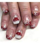 ZASKHLD Christmas Press on Nails Short Square Fake Nails with Red French Tip Designs Glossy Winte...
