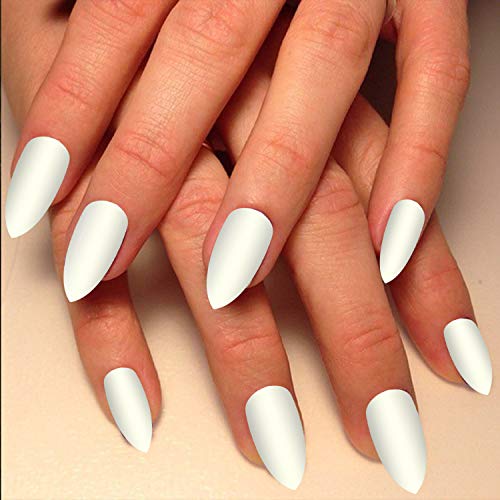 24 Pcs Fake Nails Matte Stiletto Long Almond Shape Nails Punk White Full Cover Nail Art Medium FALSE Gel Nails Tips Sets for Women Teens Girls (Punk White)