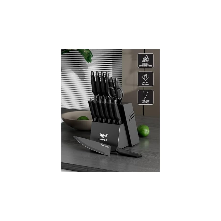 Kitchen Knife Set with Block: 15-Piece High Carbon Stainless Steel Professional Knives - Comfortable Grip Reduces Hand Fatigue 30% - Dishwasher Safe and Sharpener - Black Knife Set for Cooking