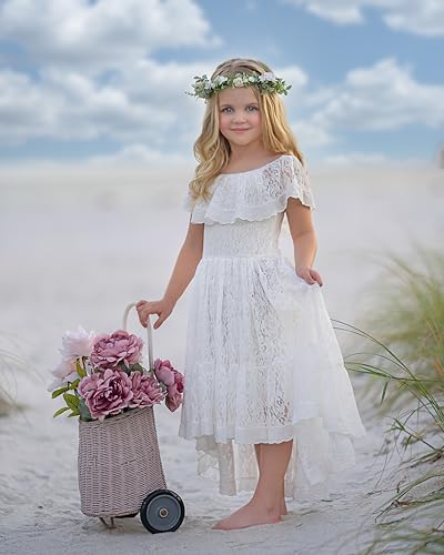Girls Boho Dress Off Shoulder Lace Ruffle Dresses Asymmetry Flower Girl Dress for Wedding Holiday Beach Party4