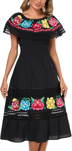 Image of YZXDORWJ Women Embroidered Mexican Peasant Casual Sexy Lace Off-Shoulder Long Dress
