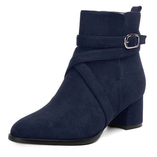 NUMALEO Womens Buckle Outdoor Suede Casual Round Toe Chunky Low Heel Ankle High Boots 2 Inch