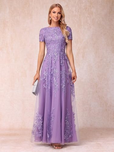 YOFF Lace Appliques Mother of The Bride Dresses Short Sleeves Long Sequin Beaded Formal Evening Prom Dress YO1493