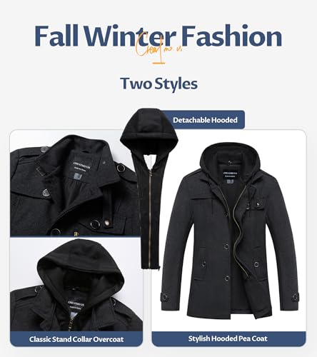 CREATMO US Men's Classic Pea Coat Wool Blend Trench Coat Windproof Business Overcoat With Detachable Hood4