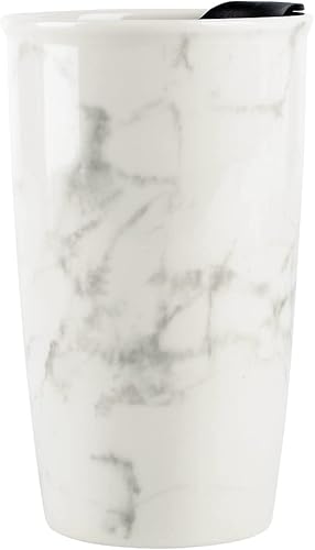 Miniatura 10 de ANTIS'S HOME Taza de viaje de cerámica con tapa, taza de café de doble pared con patrón de flores, vaso de café de 10 onzas, taza alta reutilizable,