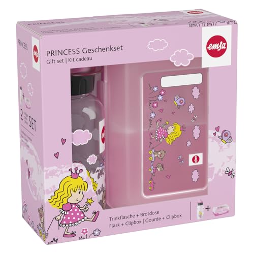 Emsa Kids Set mit Prinzessin-Motiv, Trinkflasche + Brotdose, 400 ml auslaufsichere Flasche, Dose mit verschiebbarer Trennwand, Pink, 518137, Princess