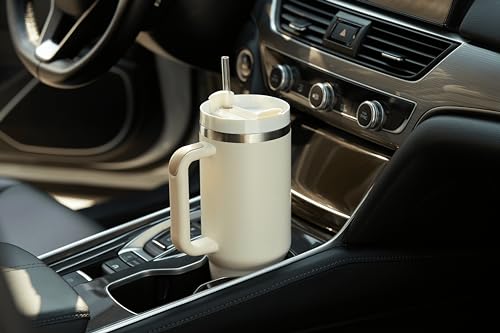 Image of KooK Tumbler with Straw and Handle, 40 Oz, Stainless Steel, Vacuum Insulated Travel Coffee Mug, Reusable Double Walled Water Bottle, Keeps Hot or Cold (Antique White)