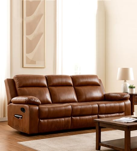 Image of LEZINO 3 Seater Manual Faux-Leather Recliner Chair for Home, Brown (3 Seat Manual Recliner, Brown)