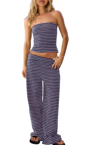 Panadila Womens Striped Lounge Set Summer Vacation Outfits Tube Top