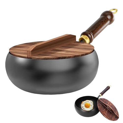 Suntuup - Sartén de hierro japonesa, sartén de hierro sin revestimiento, tapa de madera de 9.45 pulgadas, sartenes japonesas forjadas a mano, antiadherentes, duraderas y sin óxido para cocinas