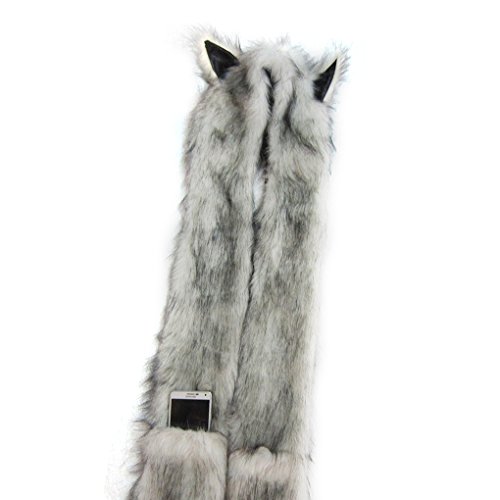 Winter Animal Hat Faux Fur Hooded Scarf Cute Furry Ears Paw Gloves Pocket Hoodie Beanie Cap Party Costume for Women Girls4