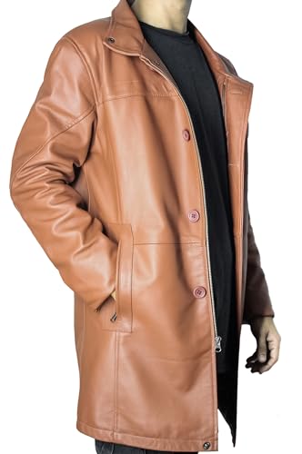 Leather Car Coat For Men 3/4 Length Mens Leather Trench Coat - Real Lambskin Long Leather Jacket For Men3