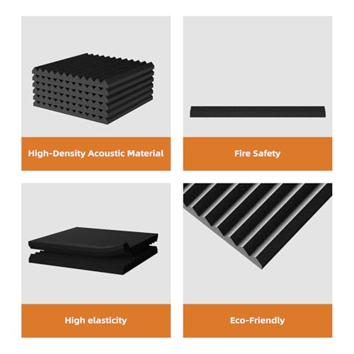 TEMGCUAM 48 Pack Sound Proof Foam Panels |1\"×12\"×12\" Quick-Recovery Soundproof Wall Panels | High Density Sound Dampening Panels for Home Studio |With Adhesive Stickers 240PCS (Black) - Thumbnail 4