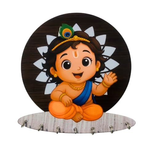 Image of Baby Krishna Wooden Key Holder for Home Without Drill, Brown, 20x25 cm, 7 Hooks, Modern Style, No-Drill Wall Mount Design for Home Office, Decorative Key Stand (Bal Krishna)