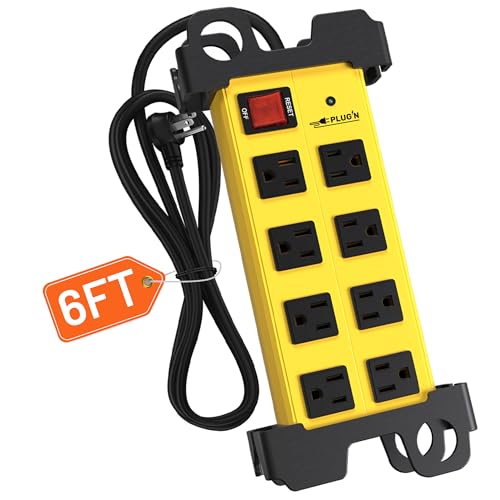 Plug'n 8 Outlet Heavy Duty Power Strip,Wide Spacing,Workshop Surge Protector 2700J with 6FT Extension Cord,Industrial Metal Power Strip 15Amp,Yellow Wall Mount Power for Garage,Office