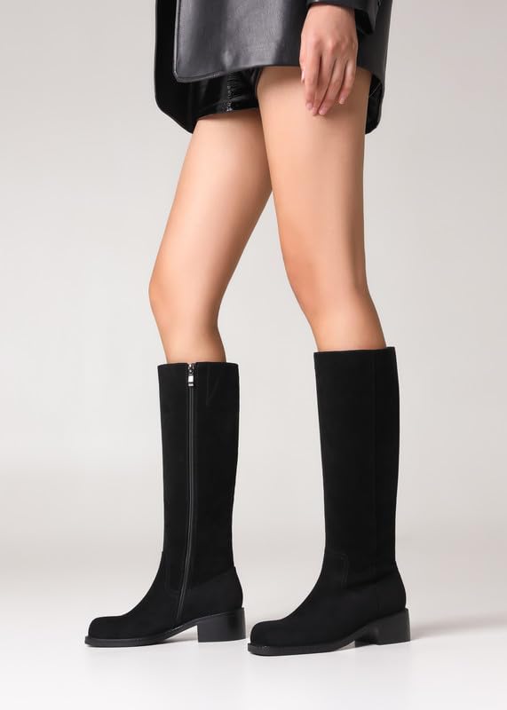 Image of ZJA Knee High Boots Square Toe Boots Low Heel Flat Long Boots for Women Dress Chunky Comfortable Tall Boots