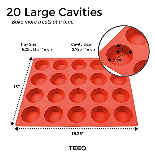 Teeo - Silicone Cupcake Pan - Muffin Top Pan - Gelatin Molds - Silicone Molds For Baking - Xl Reusable Bpa-Free Non-Toxic, Cold & Heat Resistant Bakeware Pans, Dishwasher Safe, 20 Round Cavities #TOP1