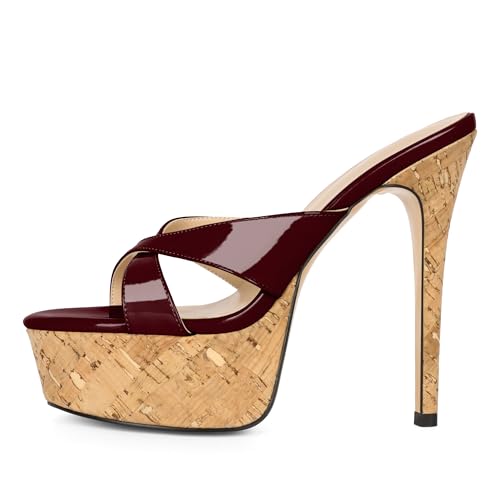 Image of Esvowido Heeled Mules for Women Cork Platform Stiletto Heels Slip on Open Toe High Heeled Sandals Crisscross Slippers Pumps Shoes