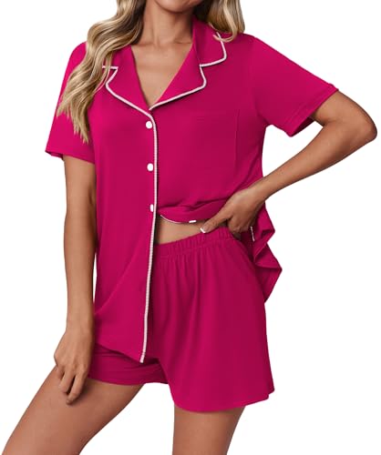 Image of Ekouaer Pajamas Set for Women 2 Piece Pjs Short Sleeve Sleepwear Button Down Lounge Shorts Sets S-XXL