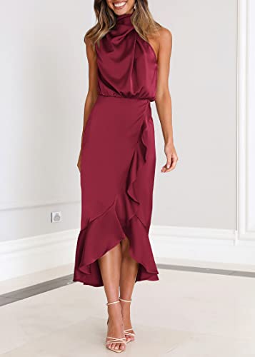 Image of KIRUNDO Women's Summer Satin Mock Neck Wedding Guest Dress