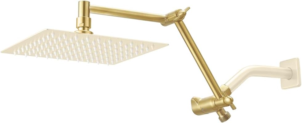 12 Inch Brass Adjustable Shower Head Extension Arm Flexible Height & Angle Shower Arm with Lock Joints and Diverter Valve, Universal Connection Pipe Height Extending,Brushed Gold