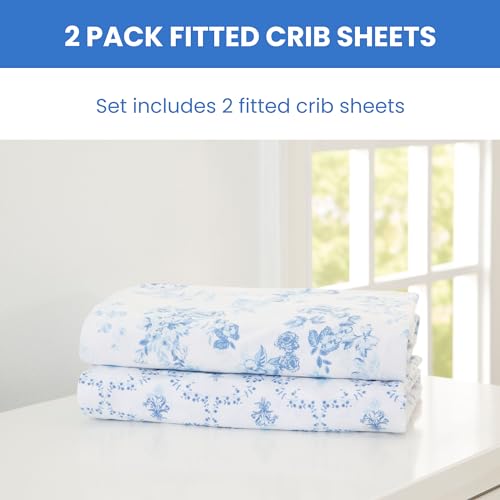 Image of Delta Children Fitted Crib Sheets for Girls and Boys - 100% Organic Cotton Crib Sheet for Standard Crib and Toddler Mattresses - 28x52 Inch - GOTS Certified (Pack of 2), Blue Botanicals