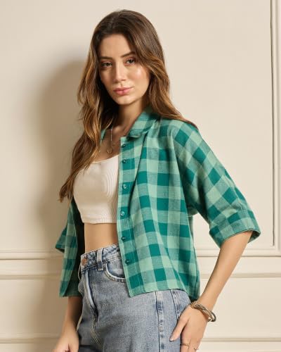 Image of Chimpaaanzee Women Checks Half Sleeve Crop Shirt