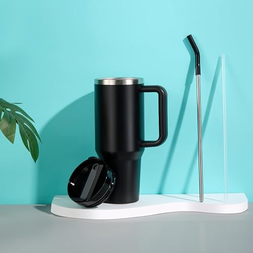 Image of KooK Stainless Steel Tumbler, with Straw and Handle, Leakproof, Vacuum Insulated Travel Coffee Mug, Reusable Double Walled Water Bottle, Keeps Hot or Cold, 40 oz, Black