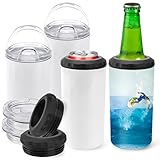 Joyclub 4 Pack 16oz Sublimation Beer Can Cooler Blanks 4 in 1 Stainless Steel Cups Double Wall Insulated Tumblers with Splashproof Lid, Non-slip Silicone Base