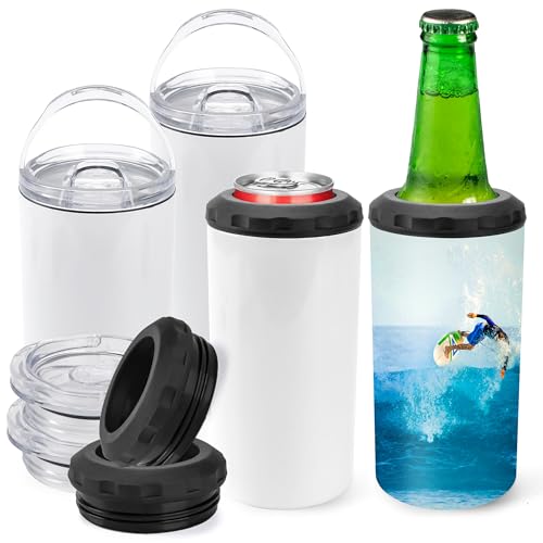 Joyclub 4 Pack 16oz Sublimation Beer Can Cooler Blanks 4 in 1 Stainless Steel Cups Double Wall Insulated Tumblers with Splashproof Lid, Non-slip Silicone Base