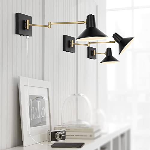 Image of JONATHAN Y 16 inch Black /Brass Gold 1-Light Modern Swing Arm Sconce with USB Port, Plug-in Midcentury LED Bedside Lamp with White Iron Shade for Bedroom Living Room (JYL1302B)