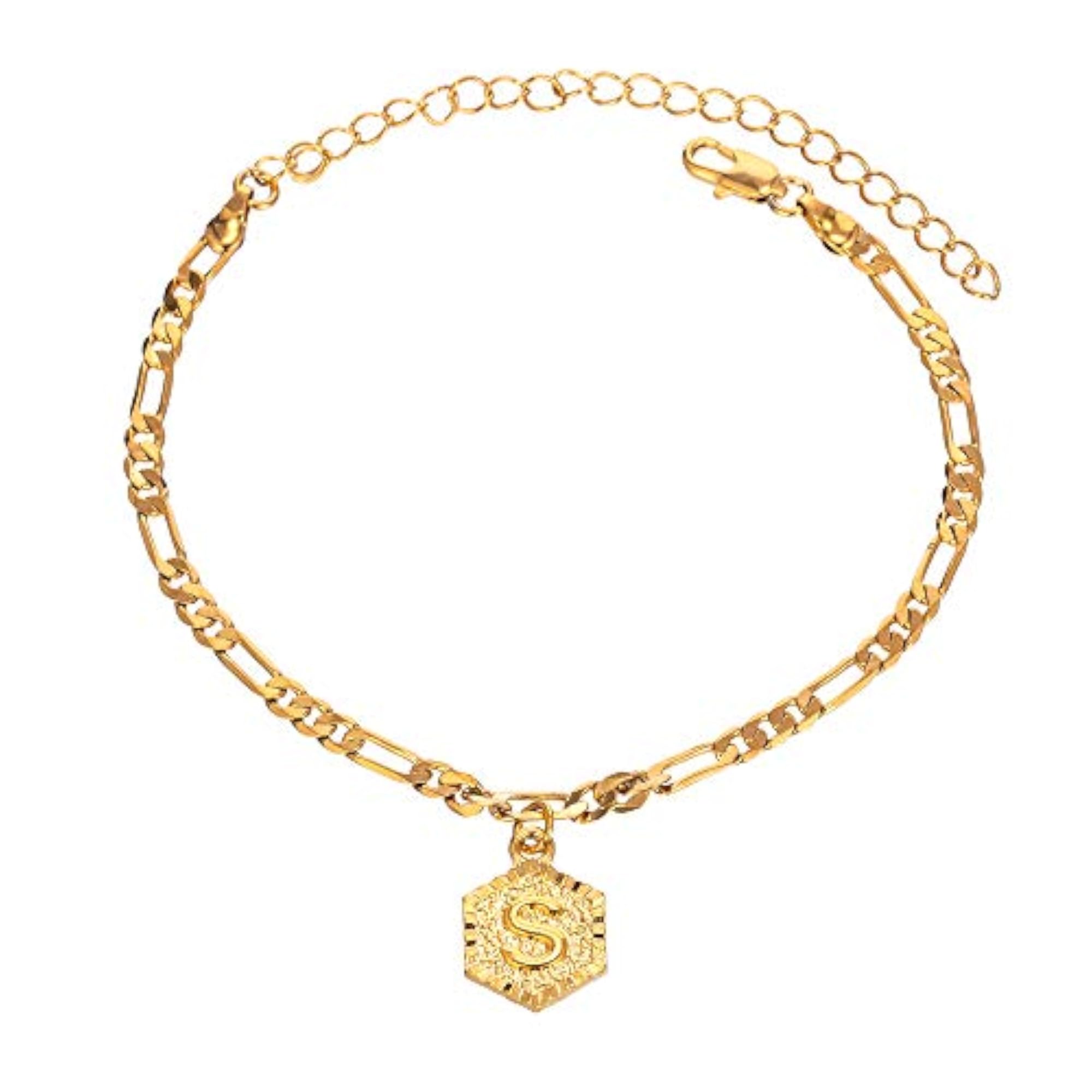 Women's 18K Gold Plated Initial Figaro Chain Anklet, Personalized Gift