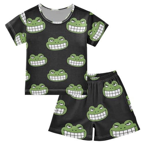 Pajama Short Sets Green Frog Faces Pattern Soft Cotton Summer Sleepwear 2 Piece PJS Size 5-14T