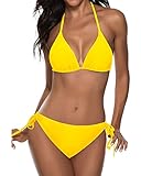 Tempt Me Women Deep Yellow Two Piece Halter Padded Top Tie Side Bottom Triangle Bikini Bathing Suit XL