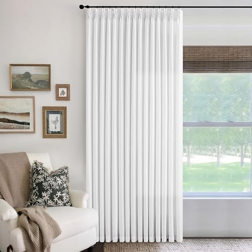 Image of Extra Wide 102 Inch Long Curtains 100 Inch Wide Pinch Pleat White 1 Panel | Textured Linen, for Living Room Bedroom, Light Filtering, Privacy, Pleated Drapes, Hooks Rings, Back Tab, Sliding Door