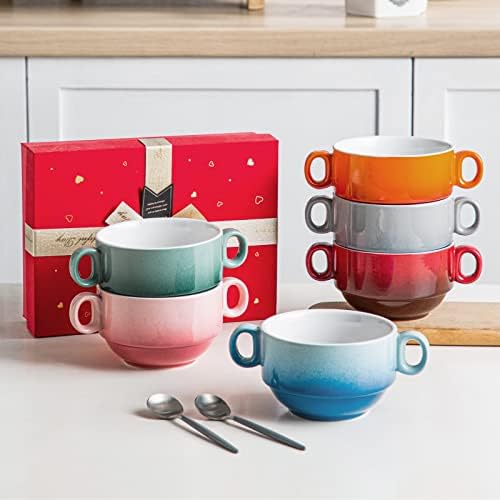 LOVECASA, Kubek do bulionu z uchwytami, 400ml, 6-częściowe ceramiczne miski do zupy, można myć w zmywarce i piekarniku - Wielokolorowy