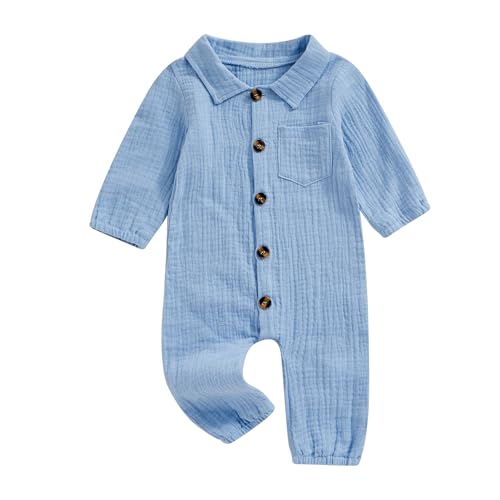 Emmababy Baby Boy Girl Button Jumpsuit Solid Baptism Romper Long Sleeve Collared Shirt Bodysuit Cotton Linen Pocket Playsuit (Blue, 3-6 Months)