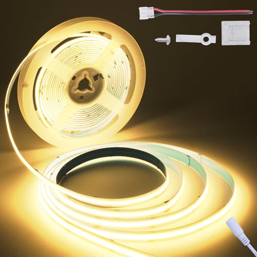 CEMOON 16.4FT/5M High Density COB LED Strip, 8mm Width LED Strip Lights, CRI 90+, DC24V, 1600LEDs Flexible LED Ribbon Tape for Home, Bedroom, Living Room(Power Supply Not Included) (2700K)