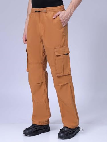 Image of The Indian Garage Co Men Relaxed Fit Solid Mid-Rise Elasticated Cargos