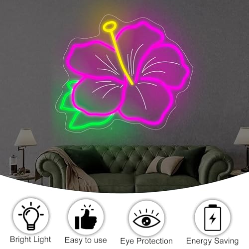 Image of Hibiscus Neon Sign Hibiscus Flower Neon Light Hawaii Floral Neon Light Tropical Flower Sign Home Wall Art Decoration, 15 inchx12 inch, Pink
