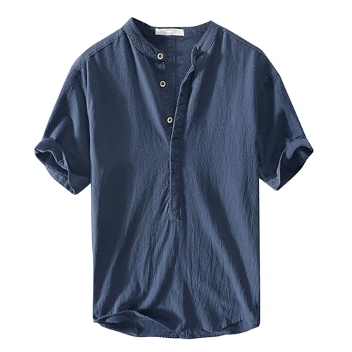 Chemise en coton et lin homme Henley col en V, haut à manches courtes de loisirs uni respirant
