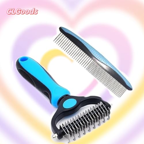 Image of Pet Grooming Brush&Comb Combo, Pet Grooming Brush,Cat Comb Dog Comb for Shedding, 2-Piece Kit,Undercoat Comb for Dog Grooming (Blue)