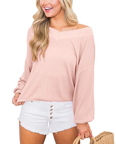 Womens Off The Shoulder V Neck Sweater Sweatshirt Elegant Long Sleeve Waffle Knit Shirts Tops Blouse Pink X-Large