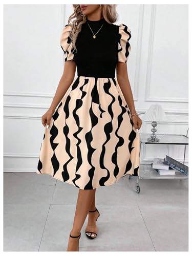 Image of GORGLITTER Women's Short Puff Sleeve Midi Dress Mock Neck Patchwork Flared Night Out Casual Dresses Brown Colorblock Small