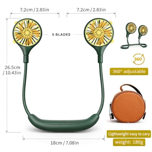 Image of One94Store Rechargeable Neck Fan (Green) | 1200mAh Battery, USB Powered Hands-Free Hanging Fan | Single Speed Dual Fan | Portable Personal Cooling Fan for Travel, Office & Outdoor Use