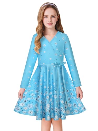 Girls' V Neck Dress Floral Printed A-line Swing Casual Party Dress with Belt for 6-14 Years
