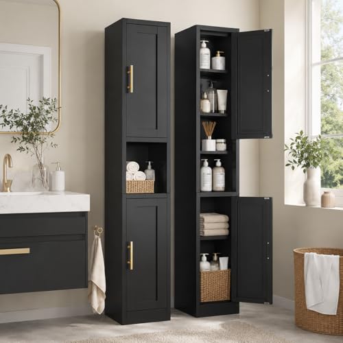 Image of Tall Narrow Pantry Cabinet for Kitchen, 67 inch H Metal Storage Cabinets with Doors and 3 Adjustable Shelves for Dining Room, Living Room and Home Office (12 inches Wide Black)